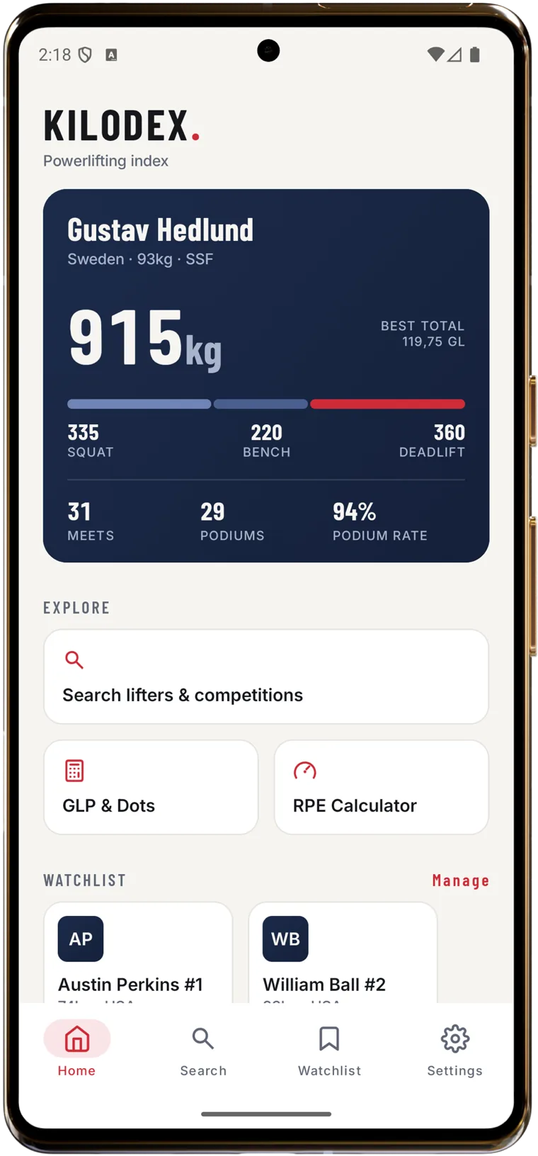 The Kilodex home screen, showing a lifter's best total, squat, bench and deadlift, and their watchlist.